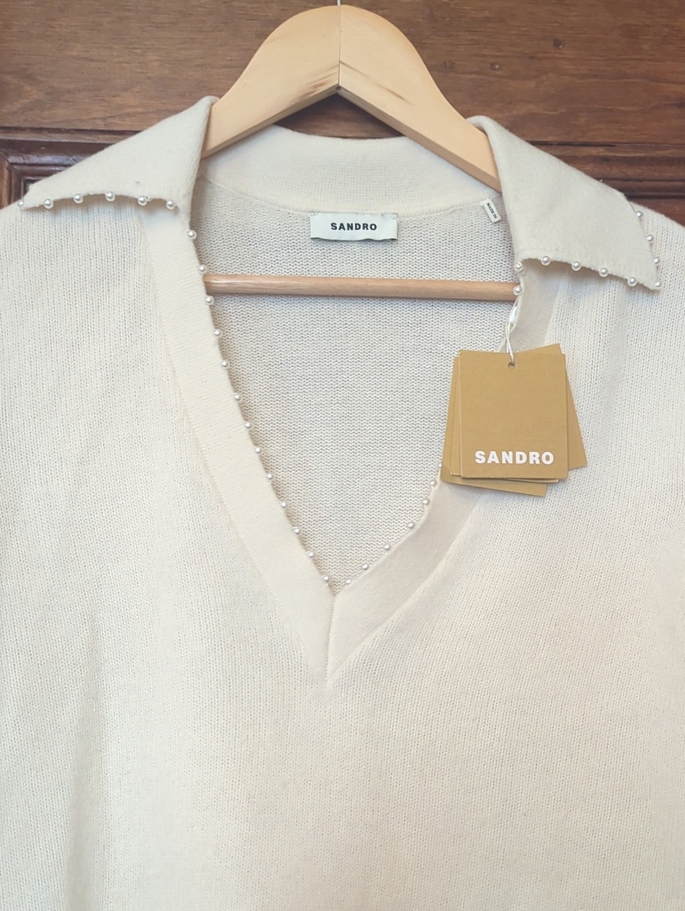 NWT Sandro Pearl Beaded V-Neck 100% Wool Sweater Size 0 | Cream